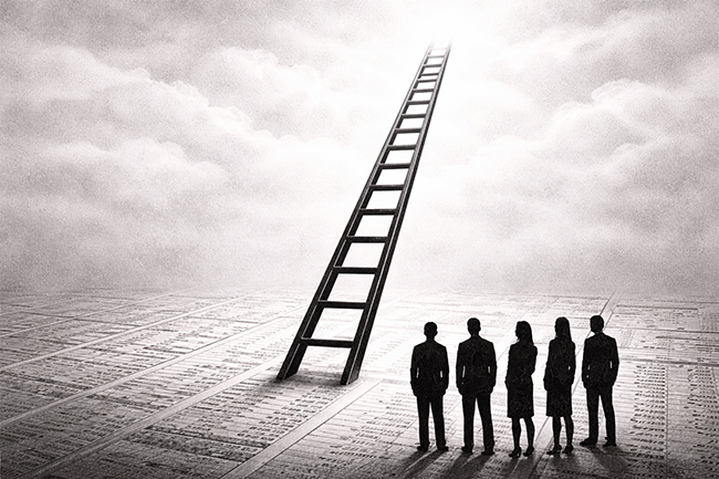 Black and white illustration of a ladder rising from financial documents into fog, symbolising the CFO to CEO transition and talent pipeline uncertainty.