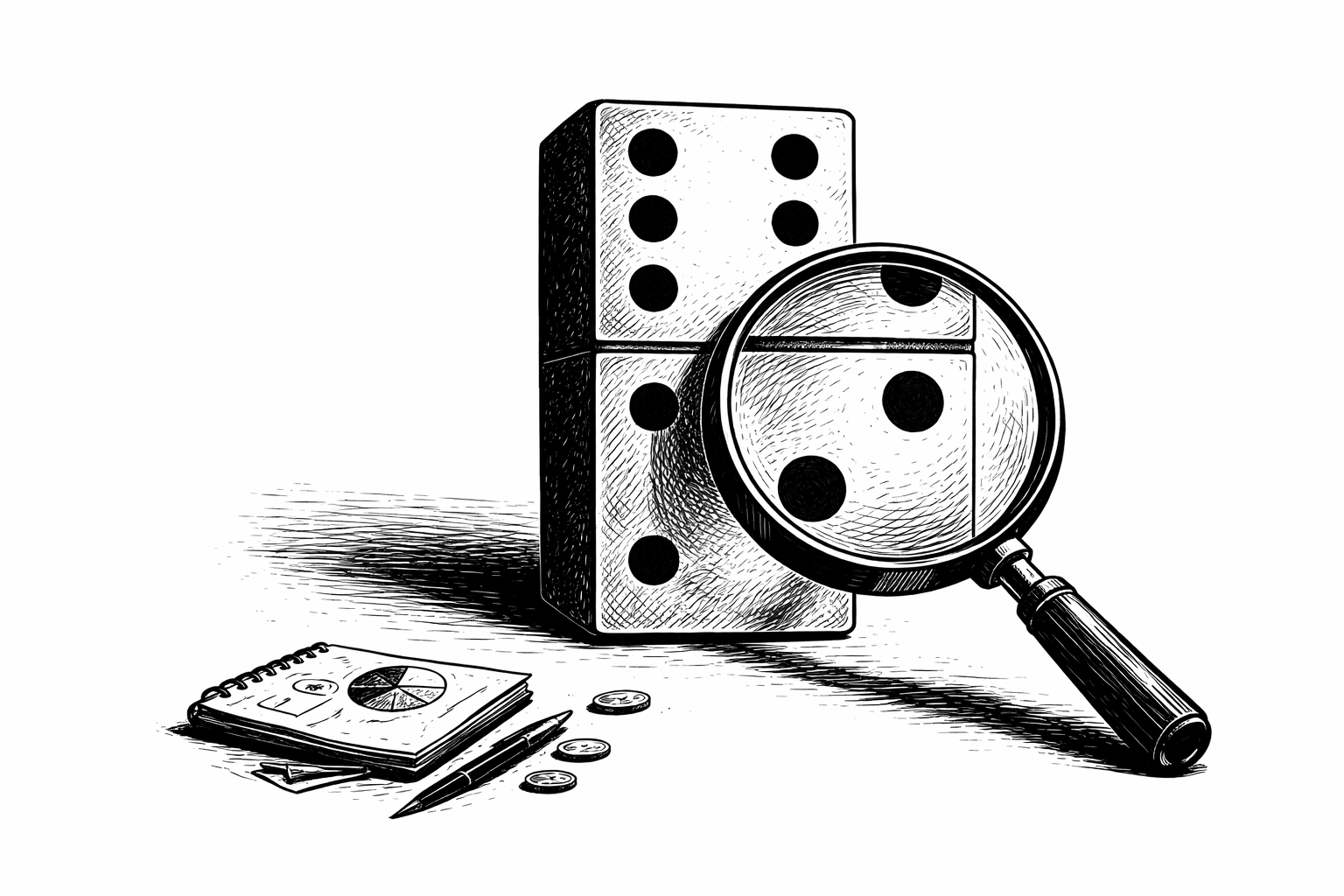 Black-and-white illustration of a domino examined through a magnifying glass, representing modern finance leadership and behavioural control of organisational spend.