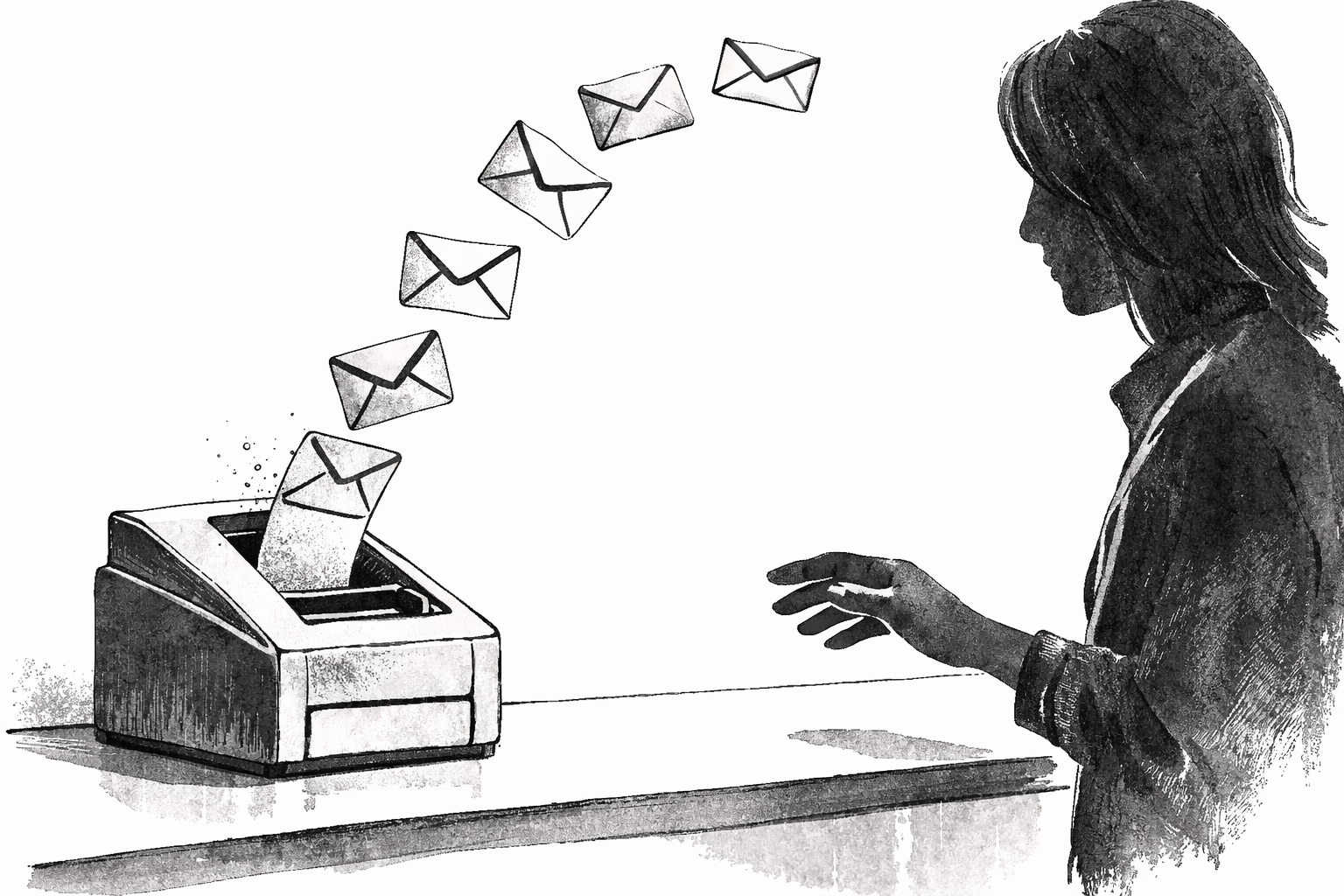 Black and white illustration of a receipt printer producing email icons instead of paper receipts