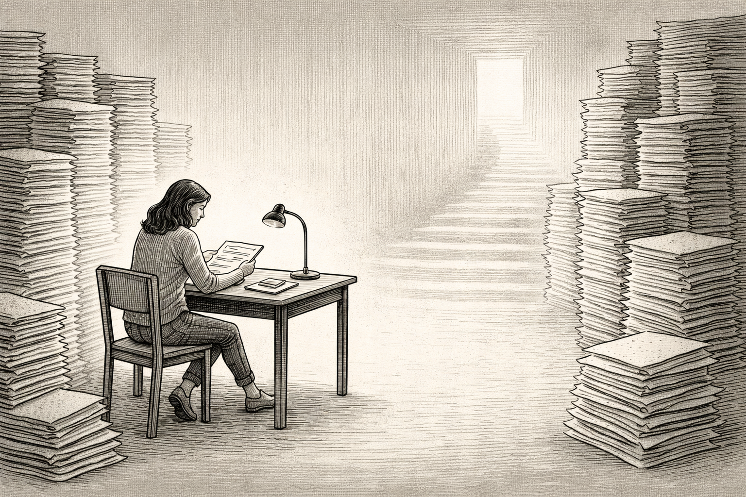 A woman reading at a desk surrounded by stacks of papers, representing deep work and leadership credibility