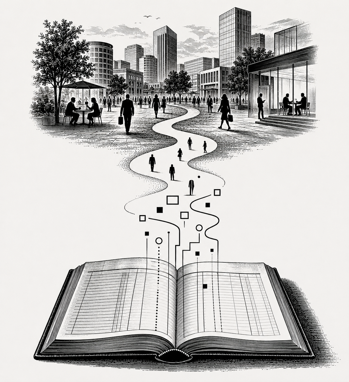 Black-and-white illustration showing a ledger transforming into a pathway leading to people, workplaces and business activity, symbolising the distance between financial reports and operational reality.