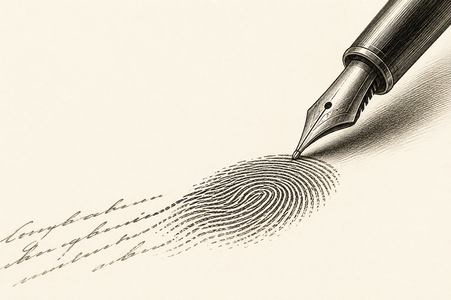 Monochrome engraving of a fountain pen writing while delicate fingerprint ridges gradually transform into flowing handwritten lines, symbolising authentic human thought in the age of AI.